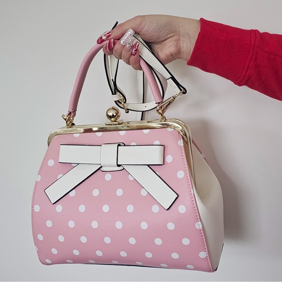 Pink Polka Dot Handbag with Bow Accent - Picture 5 of 6